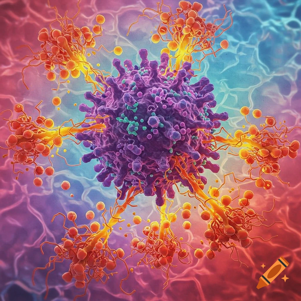 A purple cell structure is being attacked by smaller orange structures in a abstract microscopic view.