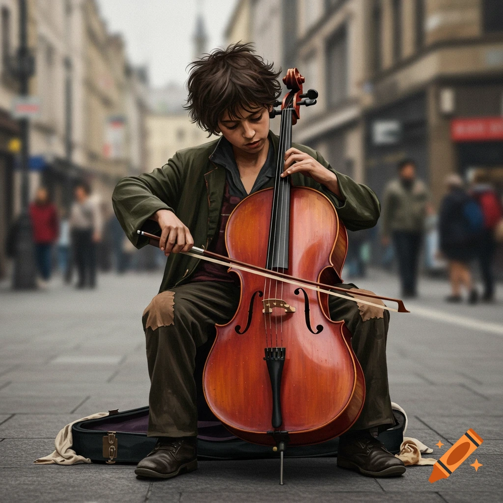 A young boy with a cello is busking on a city street.
