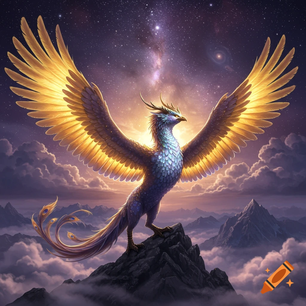 A colorful celestial phoenix standing on a mountain peak with spread wings against a starry sky.