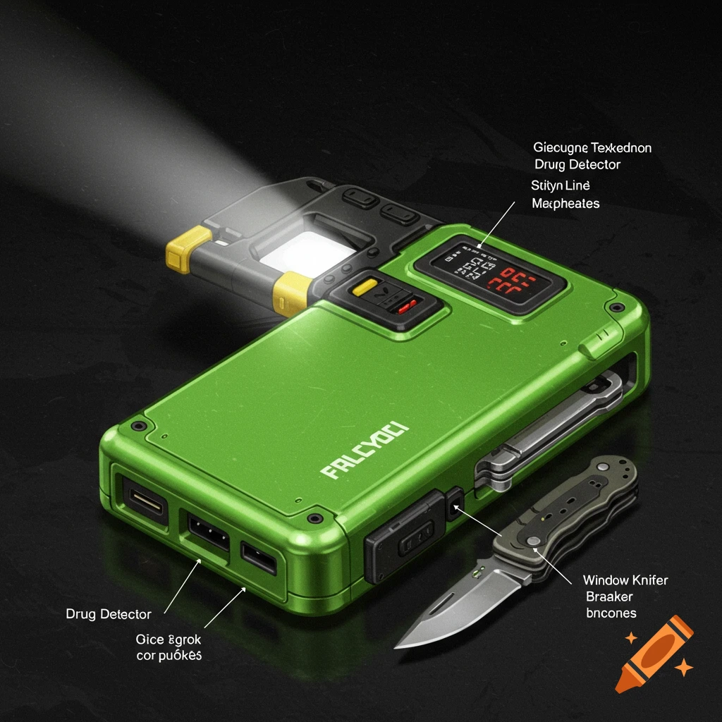 A green multi-tool device with flashlight, screen, ports, and a folded pocket knife.