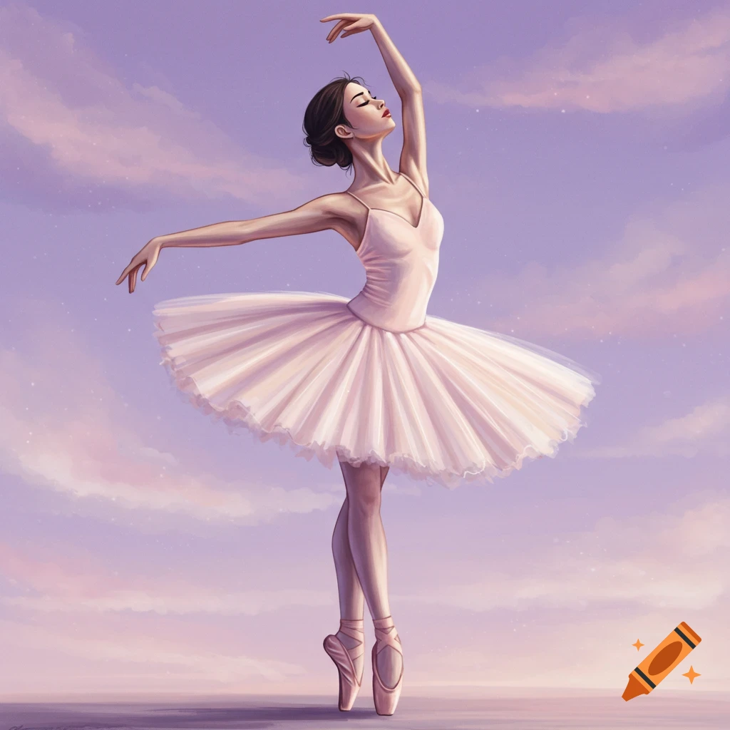 Image of a ballerina posing gracefully against a cloudy purple sky.