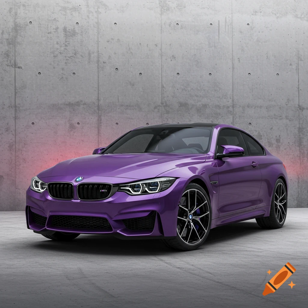 Purple BMW M4 coupe parked against a concrete wall