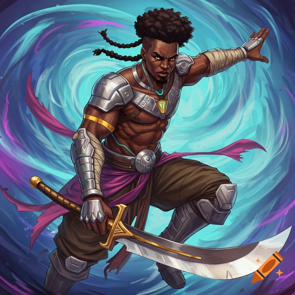 A dynamic image of a fantasy warrior with dreadlocks, armor, and a sword, against a swirling energy background.