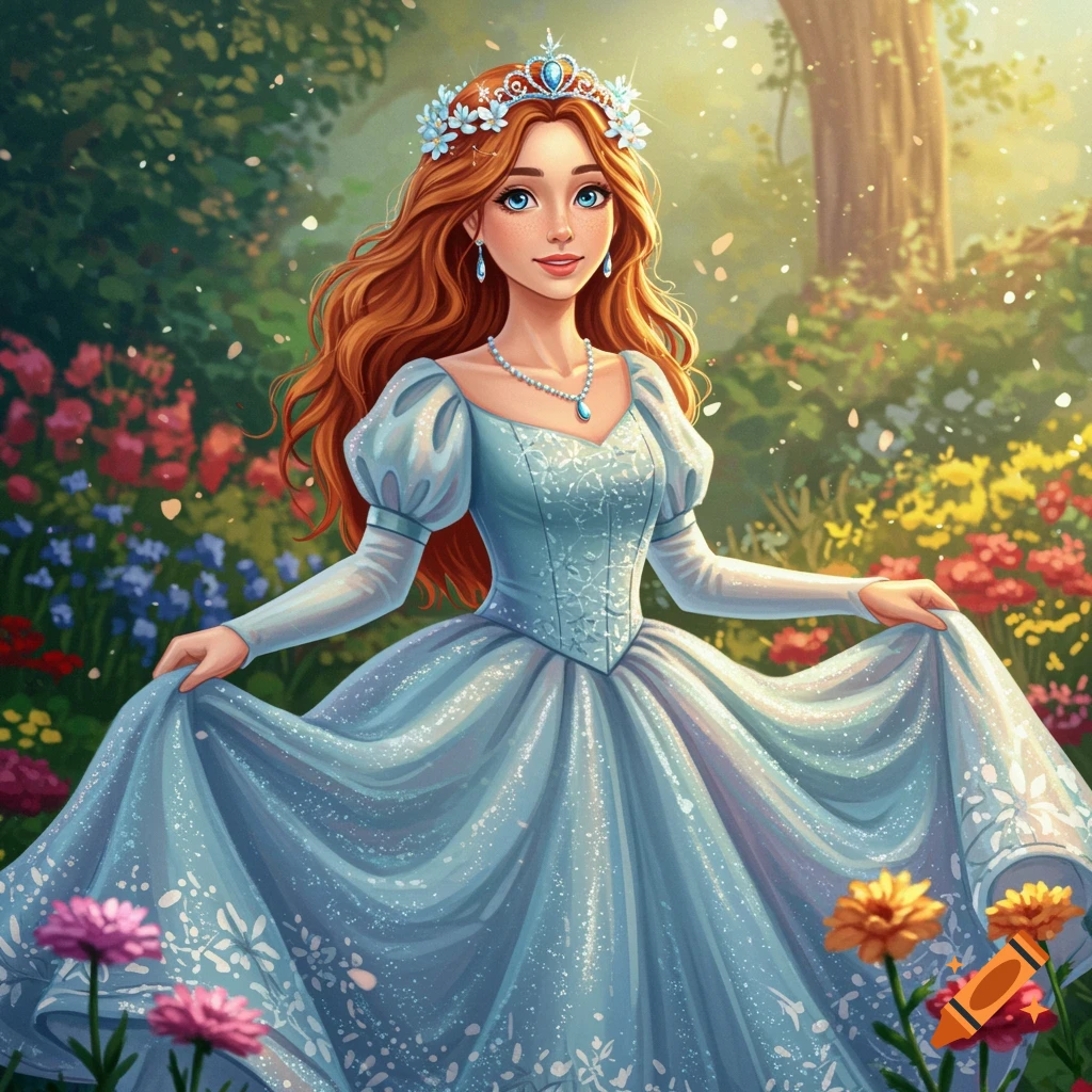 A princess with red hair and blue dress stands in a sunlit garden.