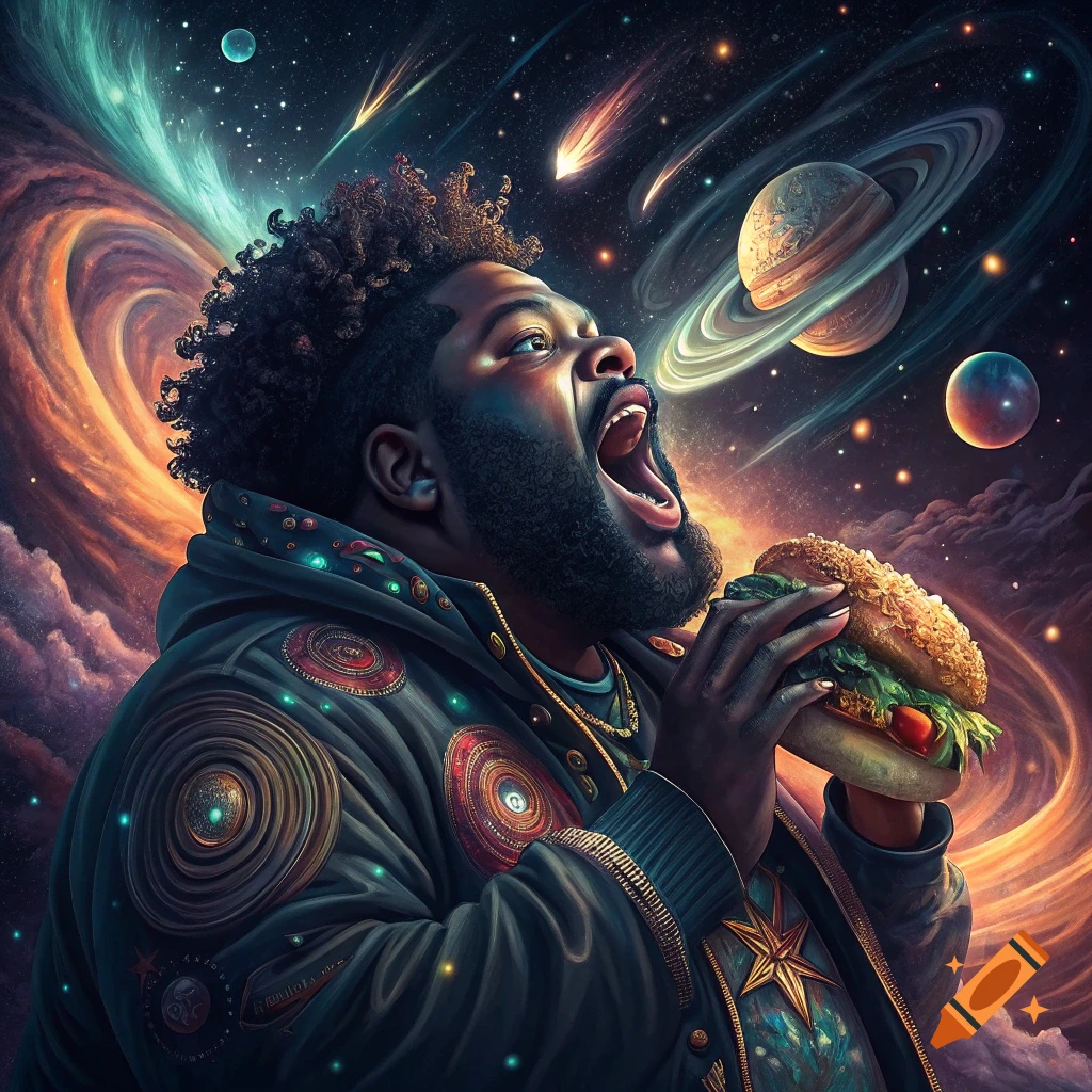 Man eating a burger in a swirling space background with planets and stars.