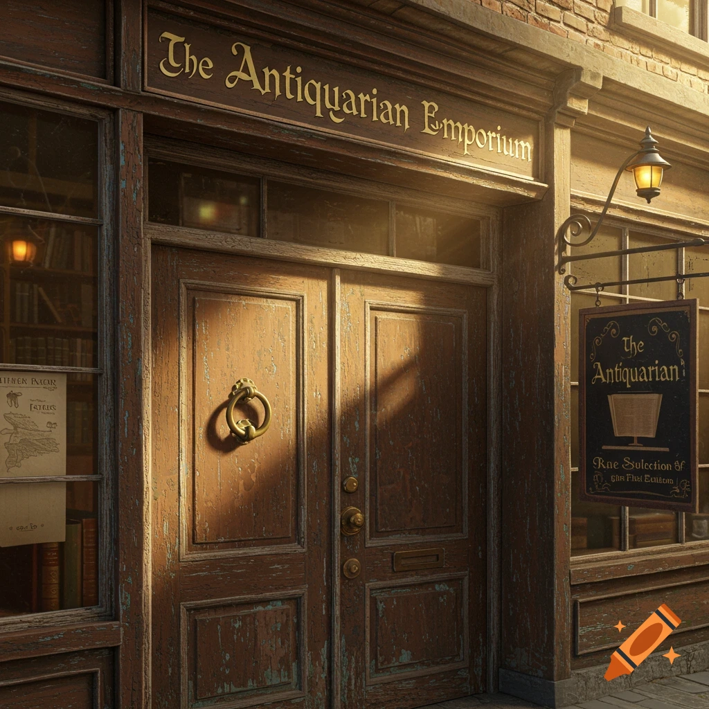 The front of an old shop with a large wooden door and signs.