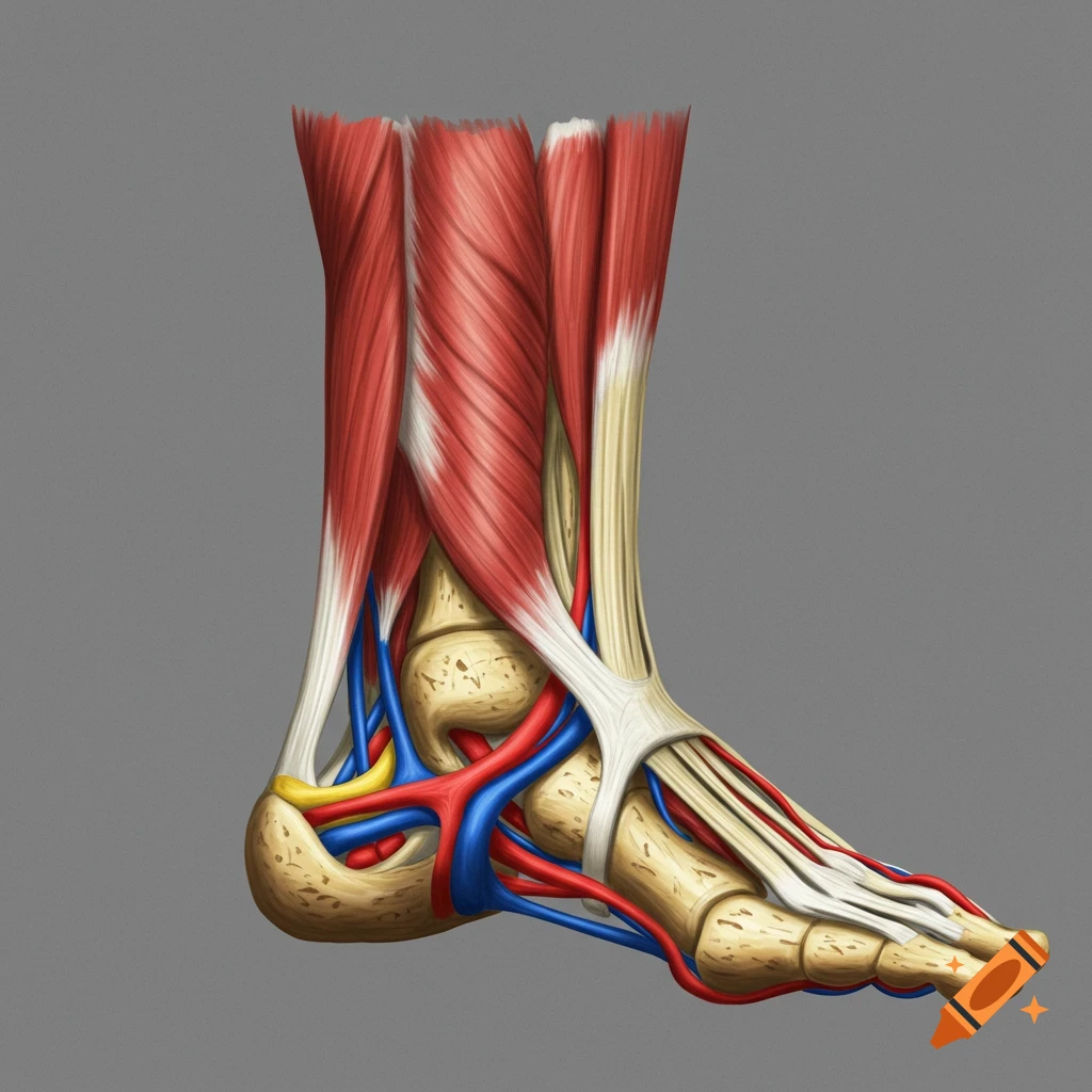 Anatomy of the lower leg and ankle is shown, with muscles, bones, arteries, and nerves visible.