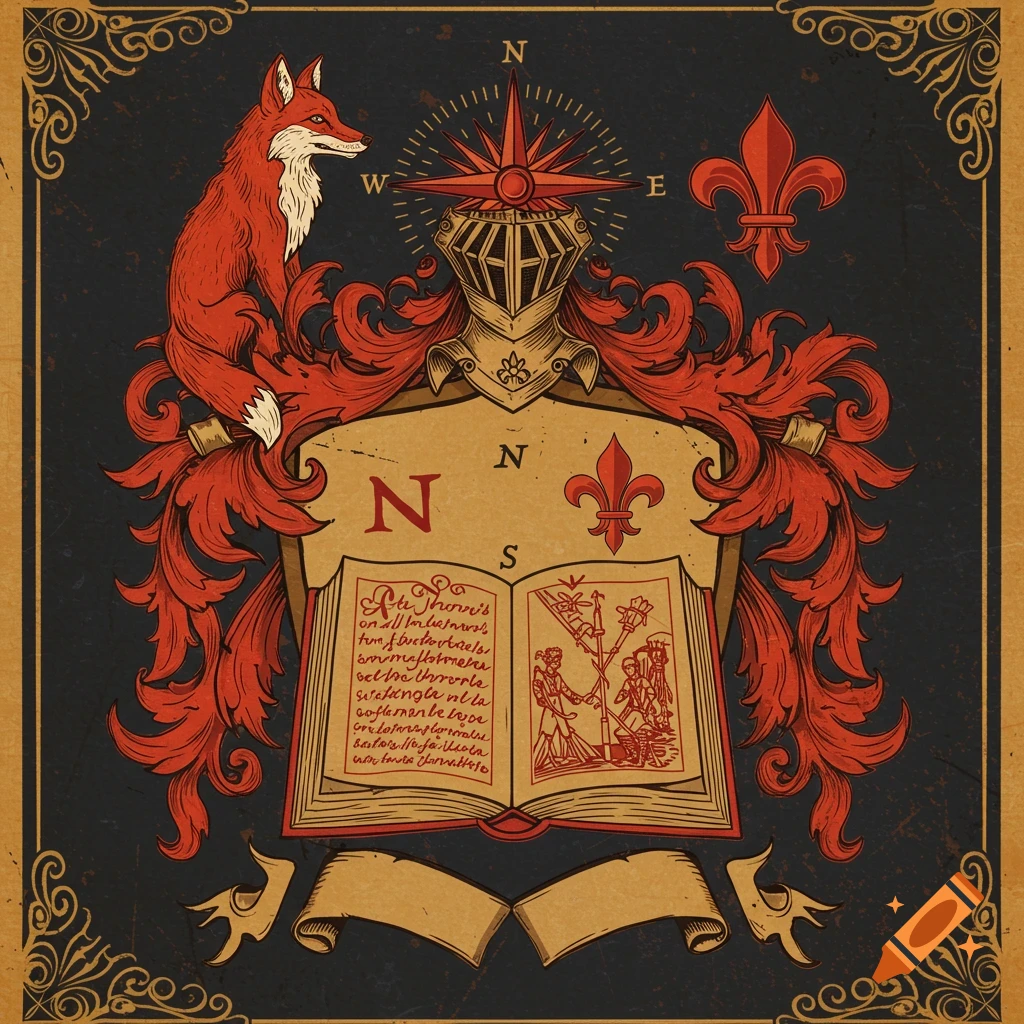 Stylized illustration of a coat of arms featuring a fox, compass, helmet, shield, fleur-de-lis, and open book.