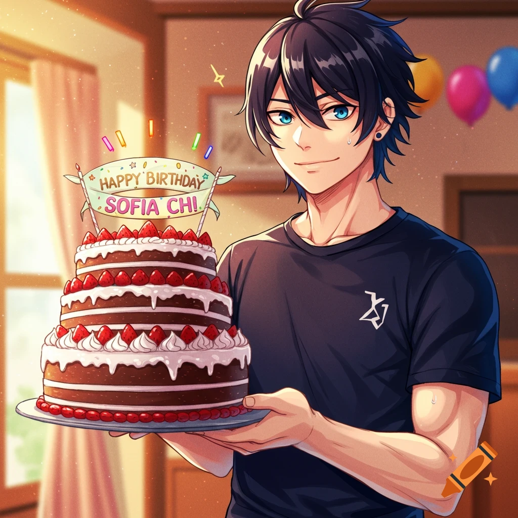 Anime character holding a large birthday cake decorated with strawberries.  on Craiyon, image size:1024x1024