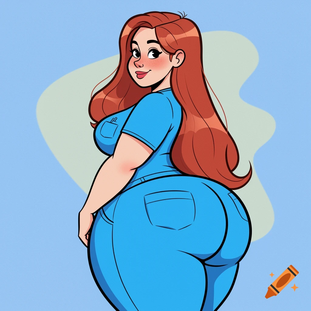 Curvy cartoon woman with long red hair in blue medical scrubs, looking over her shoulder.