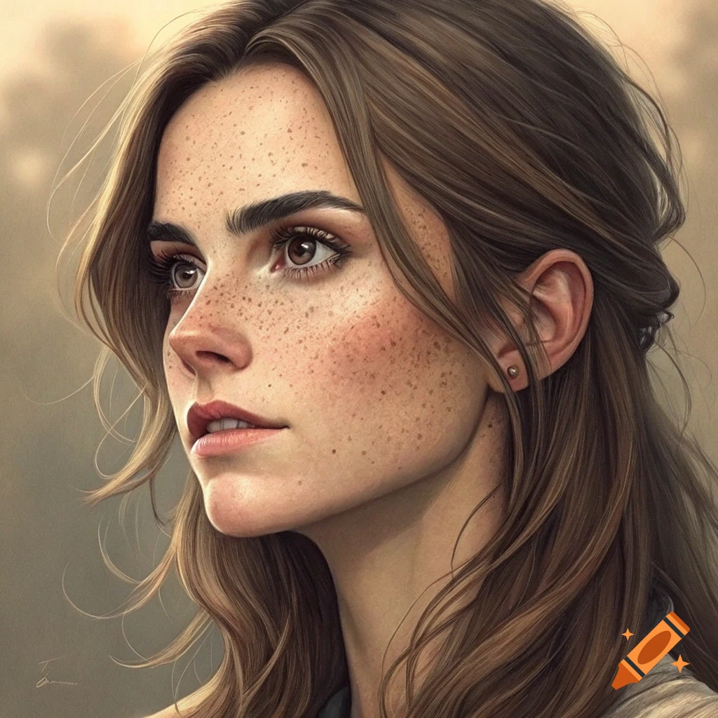 Illustration of a young woman with brown hair and freckles looking to the side.
