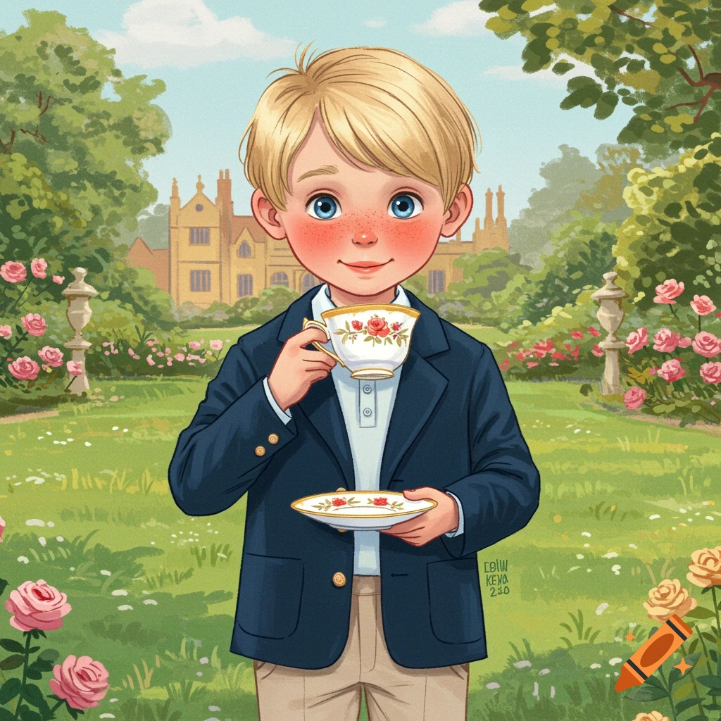 A young boy is drinking tea in an English garden with a manor house.