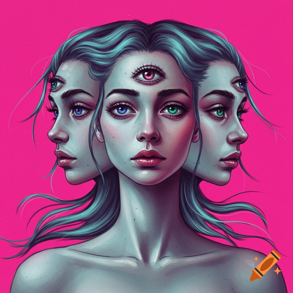 A woman with three heads and multiple eyes on a pink background.