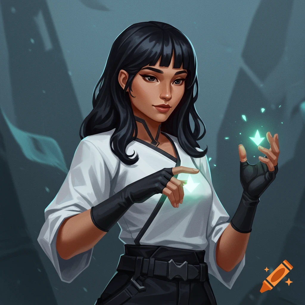 Illustration of a woman in a white and black outfit holding glowing green stars in her hands.
