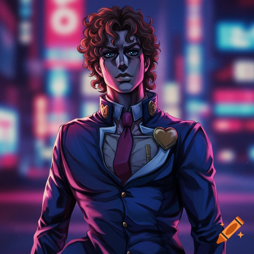 Anime style portrait of a young man in a suit and tie against a blurry neon city background.