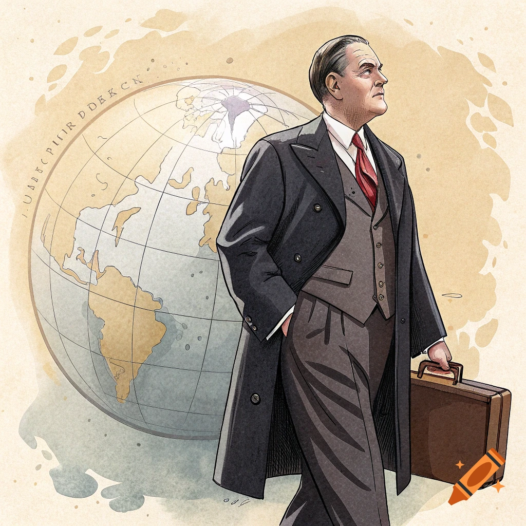 Illustration of a man in a suit holding a briefcase next to a globe.