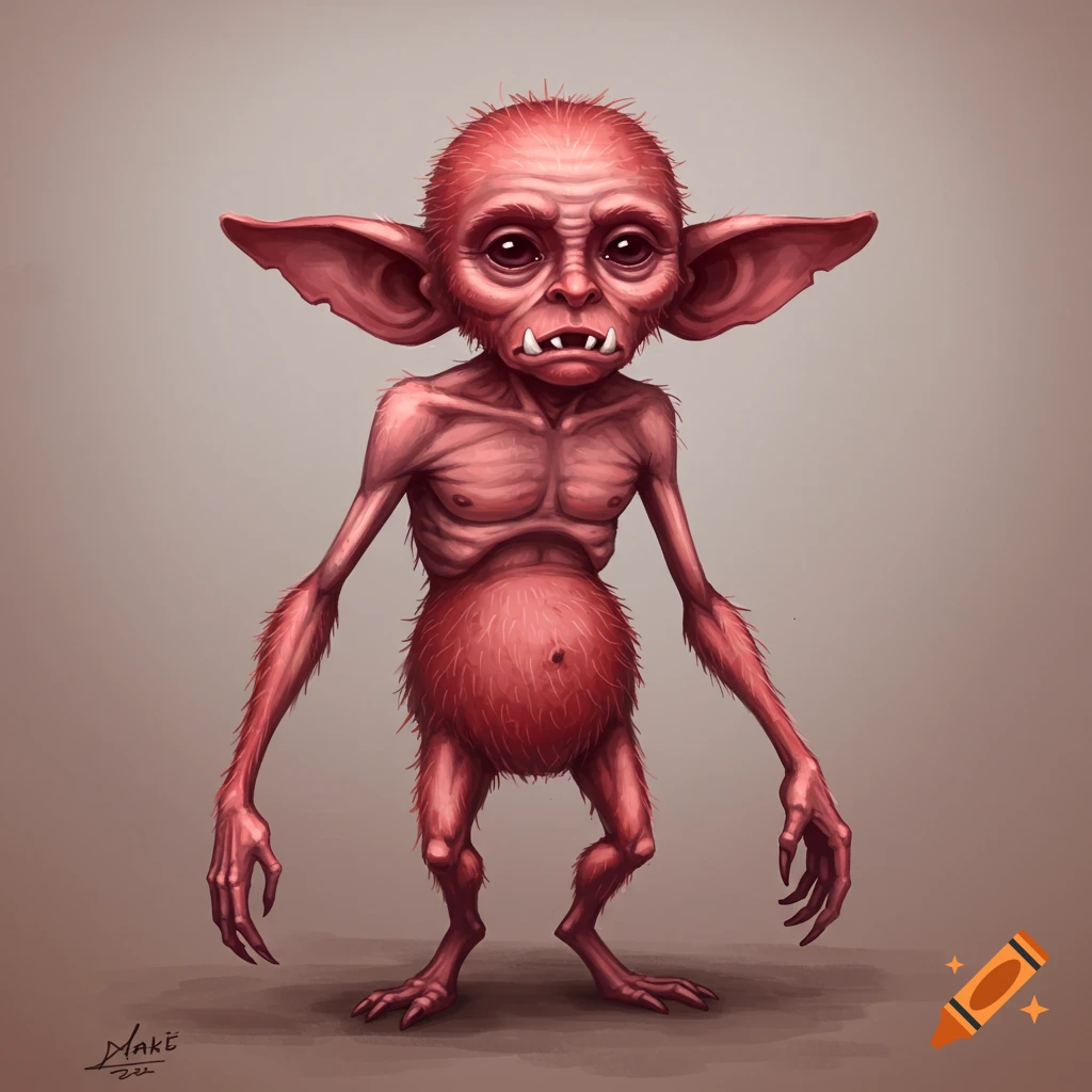A skinny red fantasy creature with large ears, small eyes, canine teeth, and a distended hairy belly.