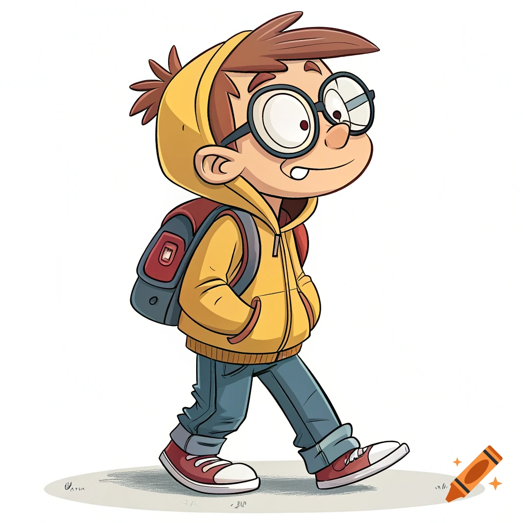 Cartoon boy walking, wearing a yellow hoodie, glasses, and backpack.