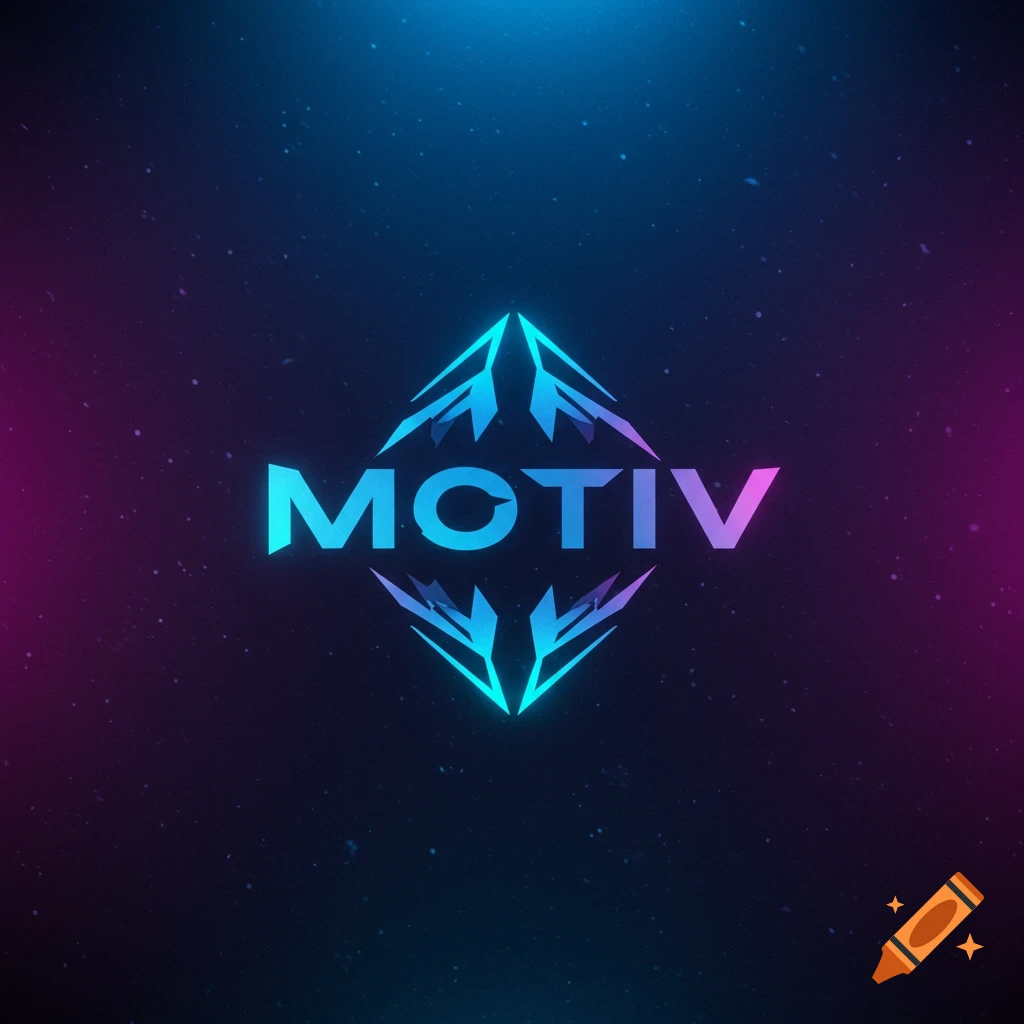 A futuristic logo with the name MOTIV in blue and purple gradient, surrounded by geometric shapes, against a dark starry background.