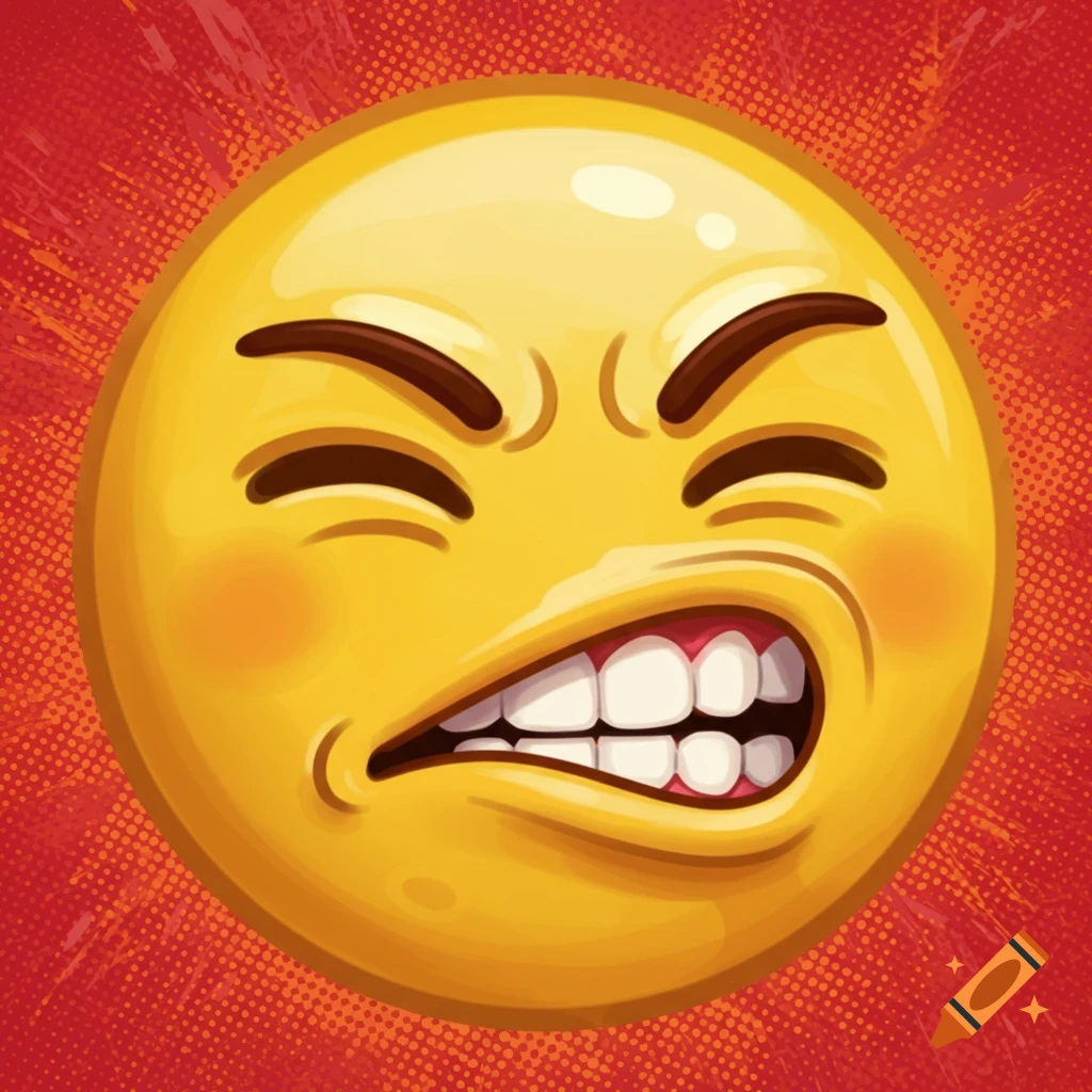 Illustration of a frustrated yellow emoji face biting its lip on a red background.