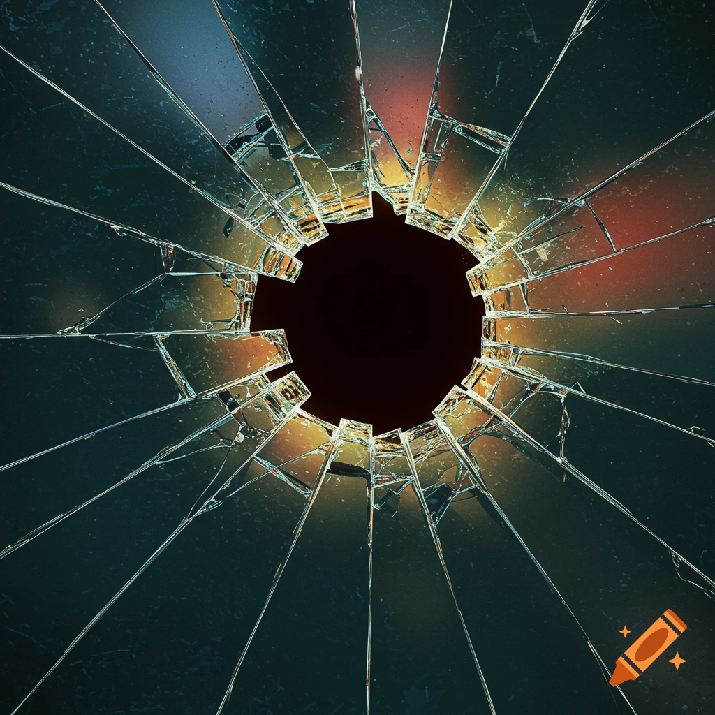 A hole in shattered glass with reflections.