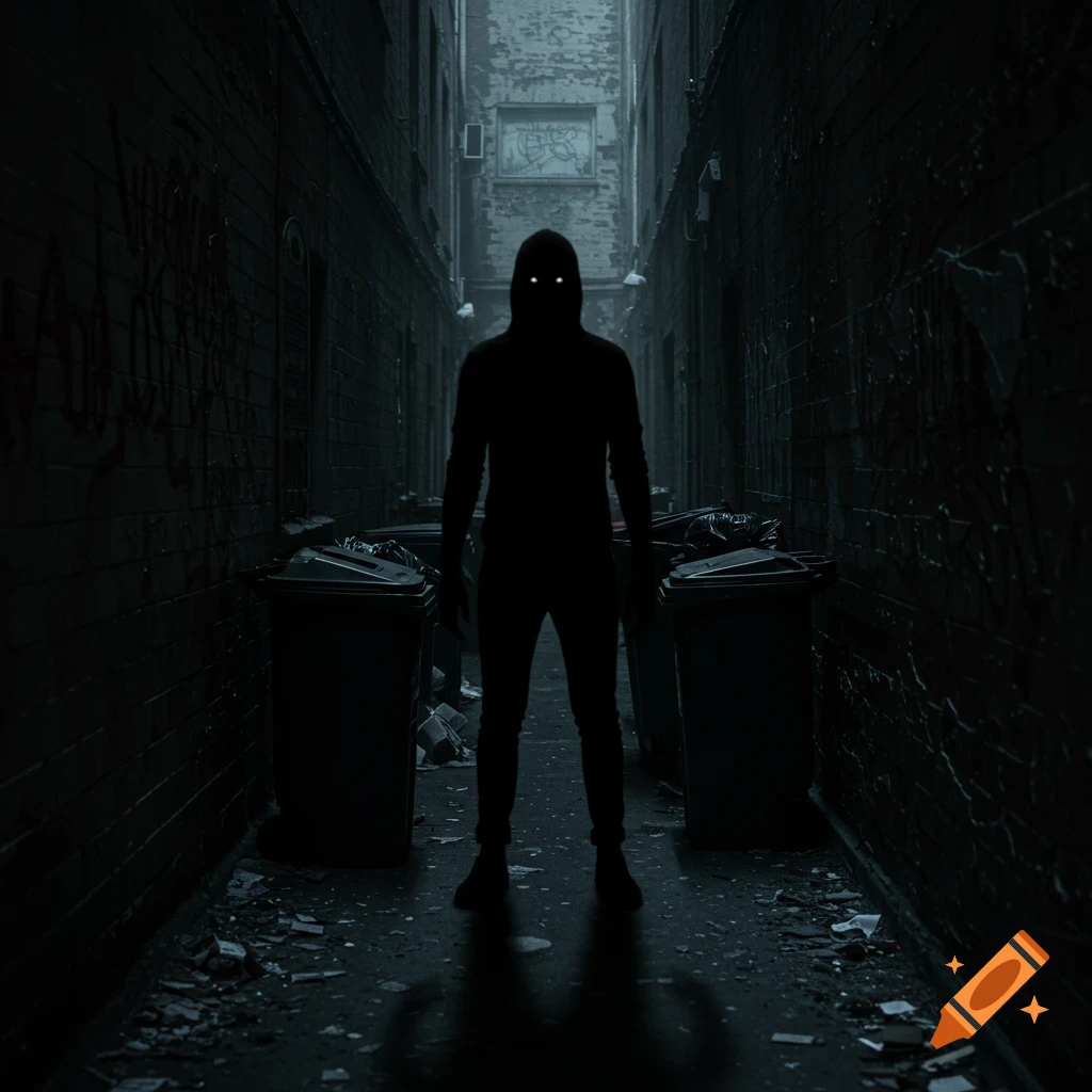 Dark silhouette figure with glowing eyes standing in a spooky alley.