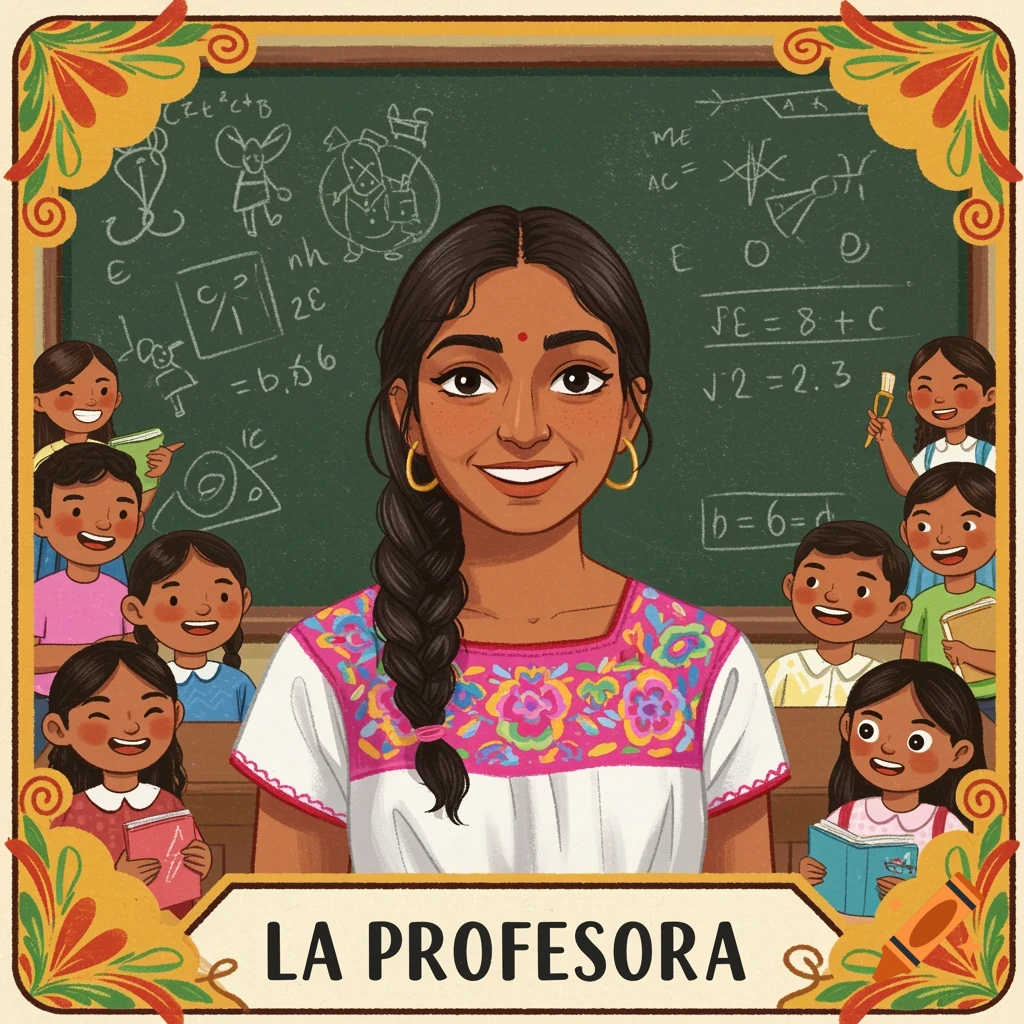 Loteria style illustration of a teacher and students in a classroom with text 'LA PROFESORA'