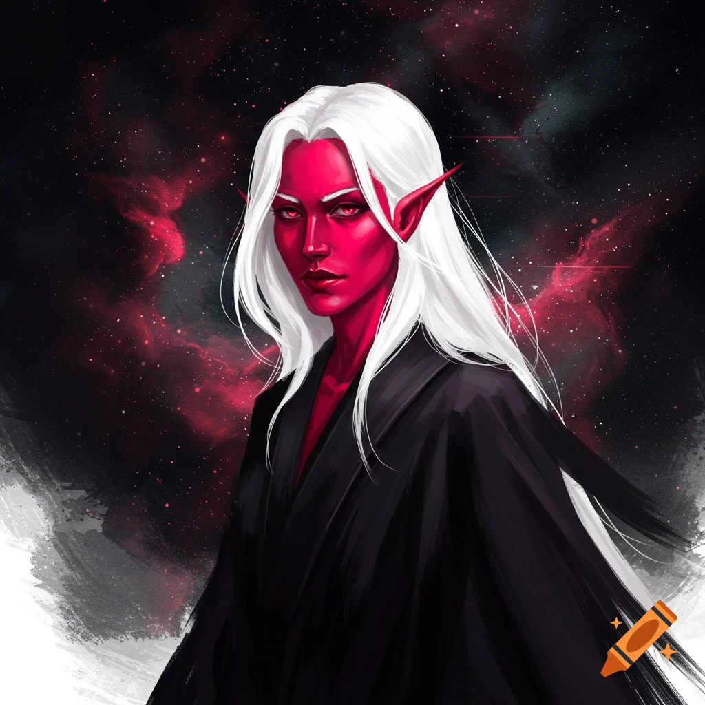 A character with red skin and white hair wears a black robe against a starry space background.