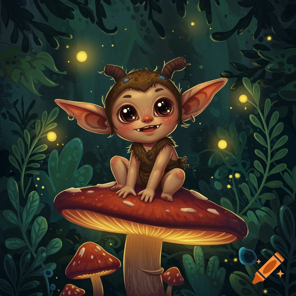 A cute goblin sits on a mushroom in a dark forest with glowing mushrooms and fireflies. Whimsical illustration style.