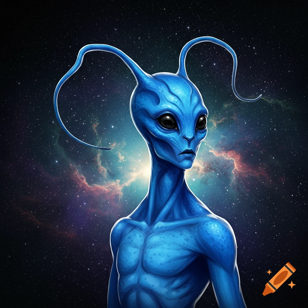 A blue alien with large eyes and long antennae stands in front of a starry nebula background.