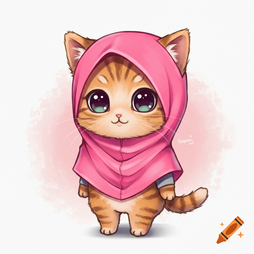 A cute chibi kitten with orange tabby fur and large eyes wears a pink hijab.