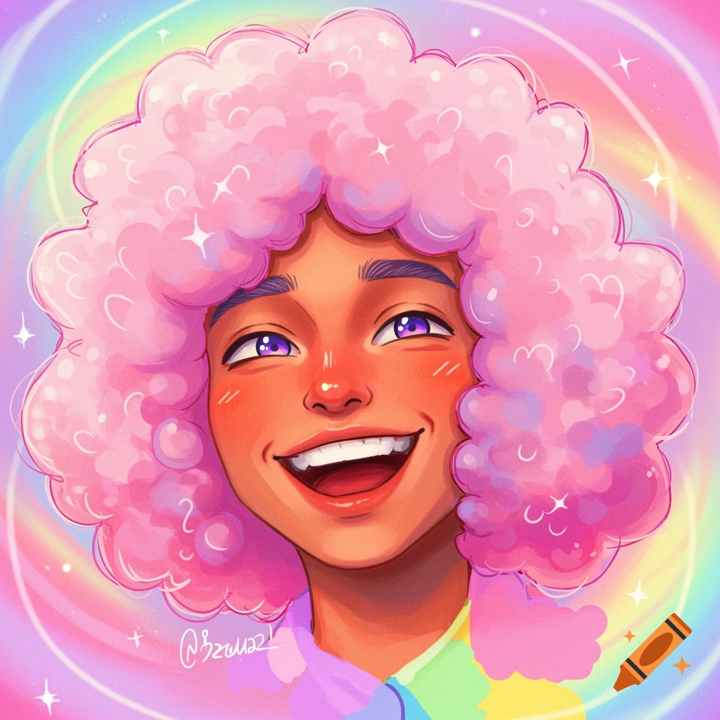 Vibrant image of a person with pink afro hair and purple eyes smiling against a rainbow background.