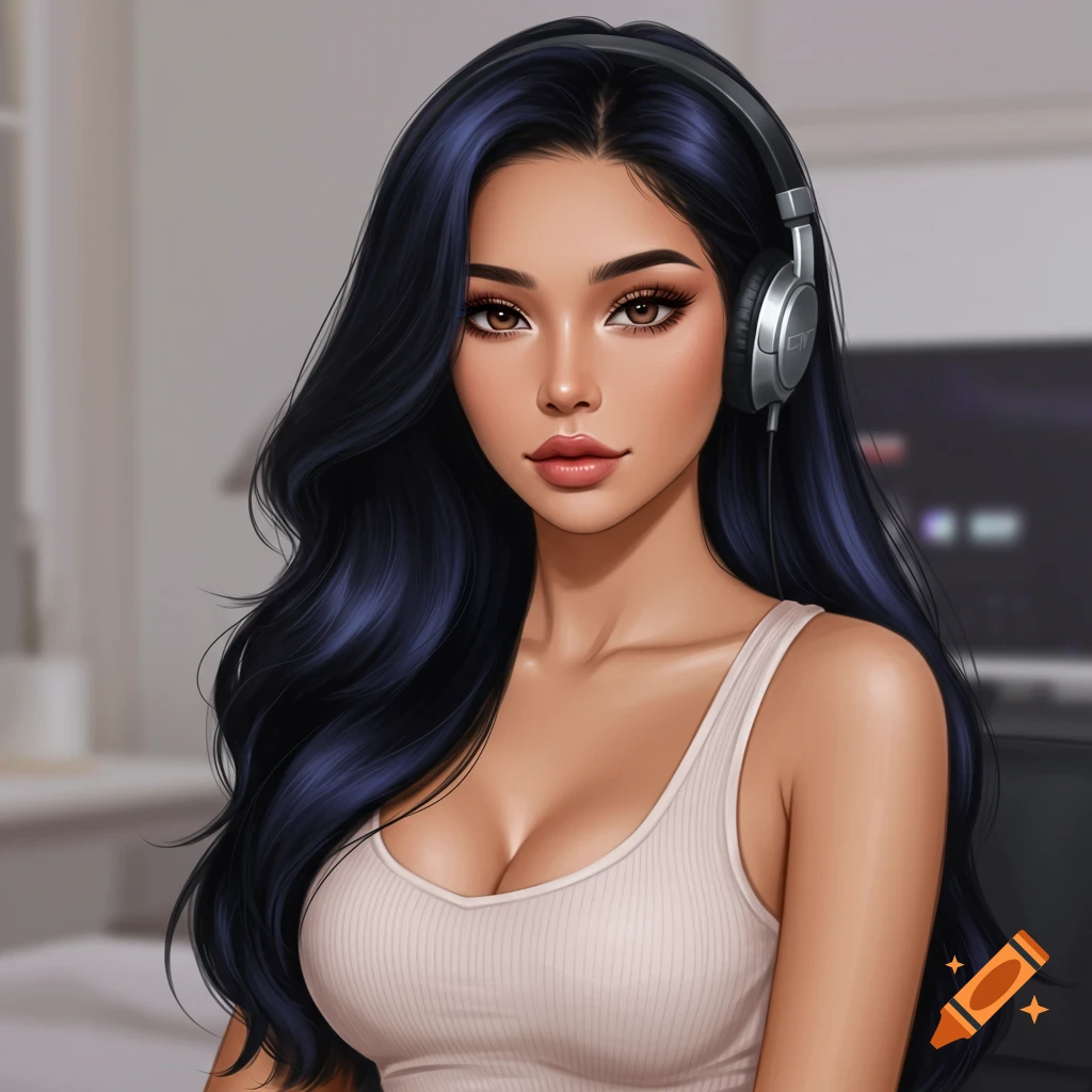 Anime-style portrait of a woman with long dark hair and headphones, wearing a white tank top, with a blurred background.