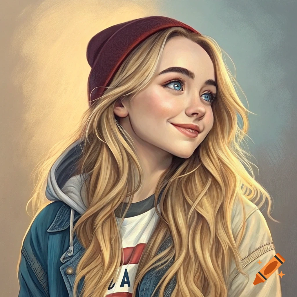Illustrative portrait of a smiling young woman with blonde hair wearing a beanie and hoodie.