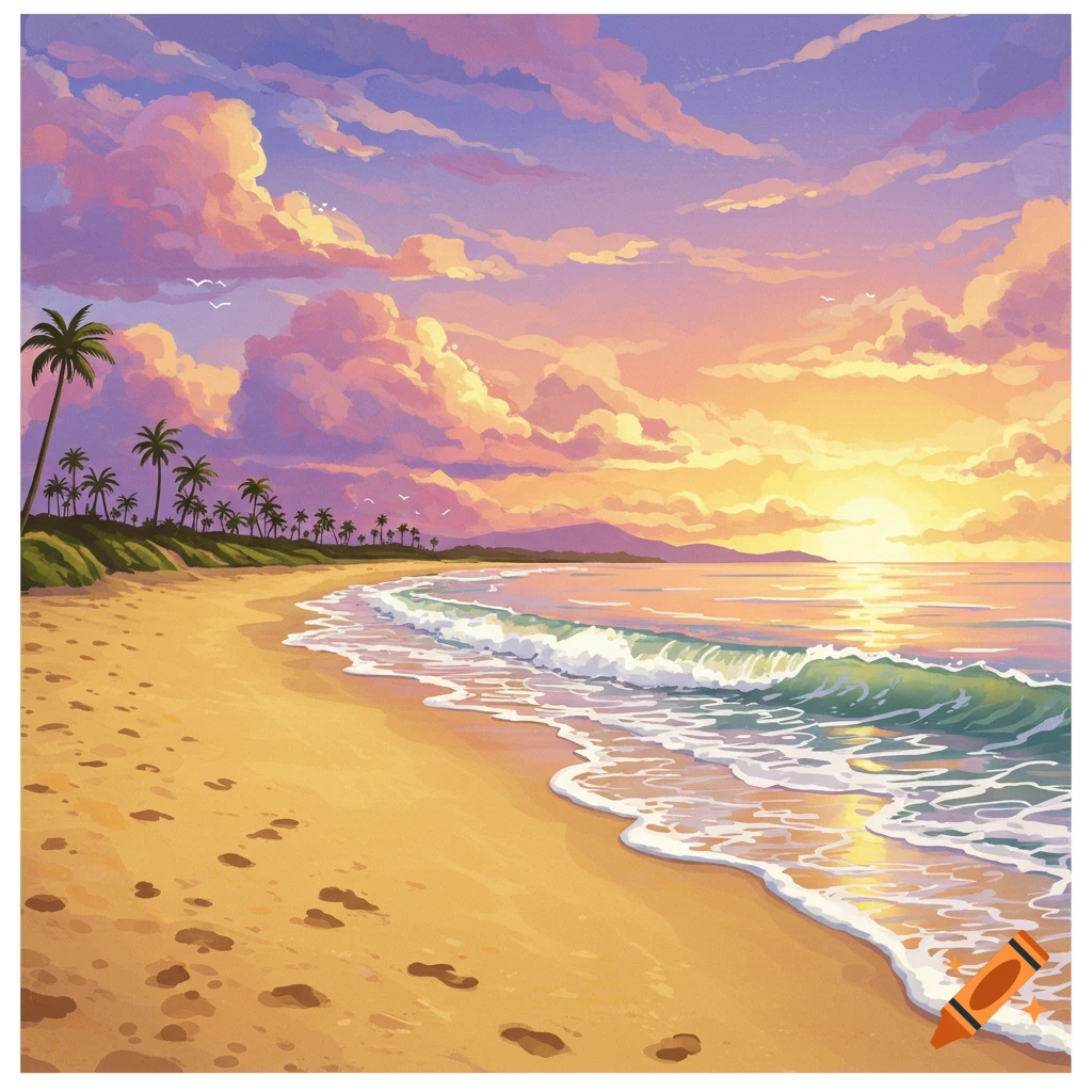 A beach at sunset with palm trees, waves, and footprints in the sand.