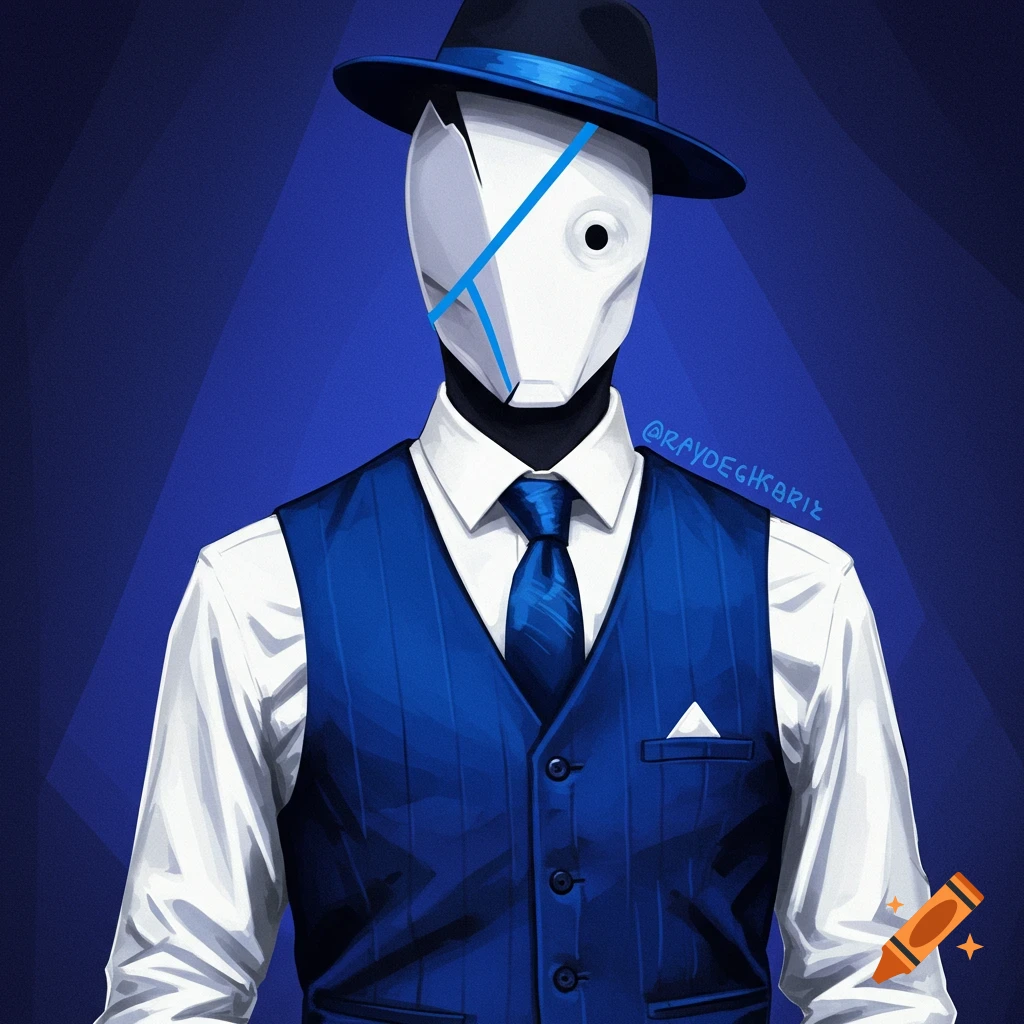 A character wearing a blue pinstripe vest, white shirt, black hat with a blue band, and a white mask with blue markings. Digital illustration.