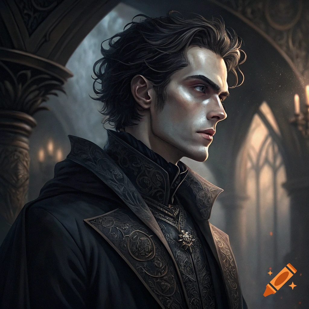 Fantasy portrait of a dark-haired man in intricate clothing in a gothic setting.