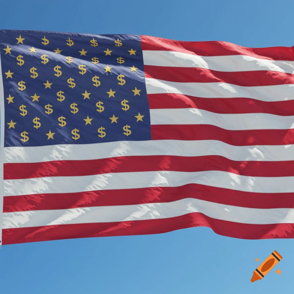 An American flag with gold dollar signs instead of stars waves against a blue sky.