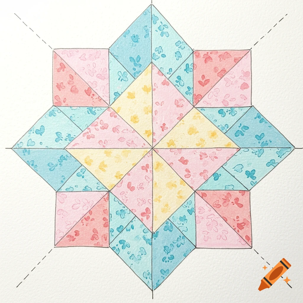 Drawing of a geometric quilt block pattern in pastel pink, yellow, and blue.