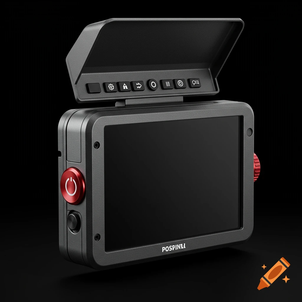Professional matte gray camera monitor with screen, buttons, and sun hood on a black background.