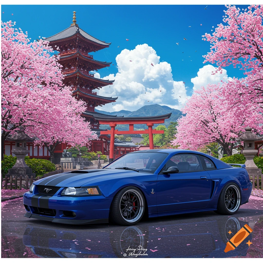 Blue modified Mustang parked in a Japanese garden with a pagoda, torii gate, and cherry blossom trees.