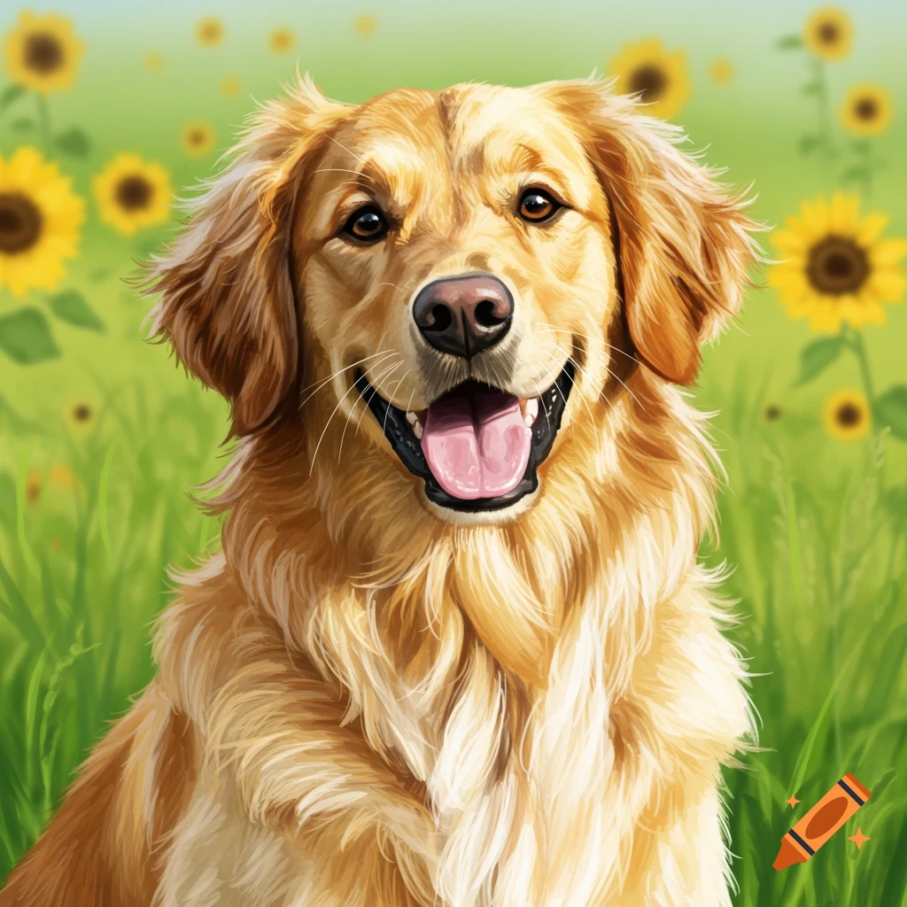 Golden retriever puppy with a bouquet of flowers in a watercolor ...