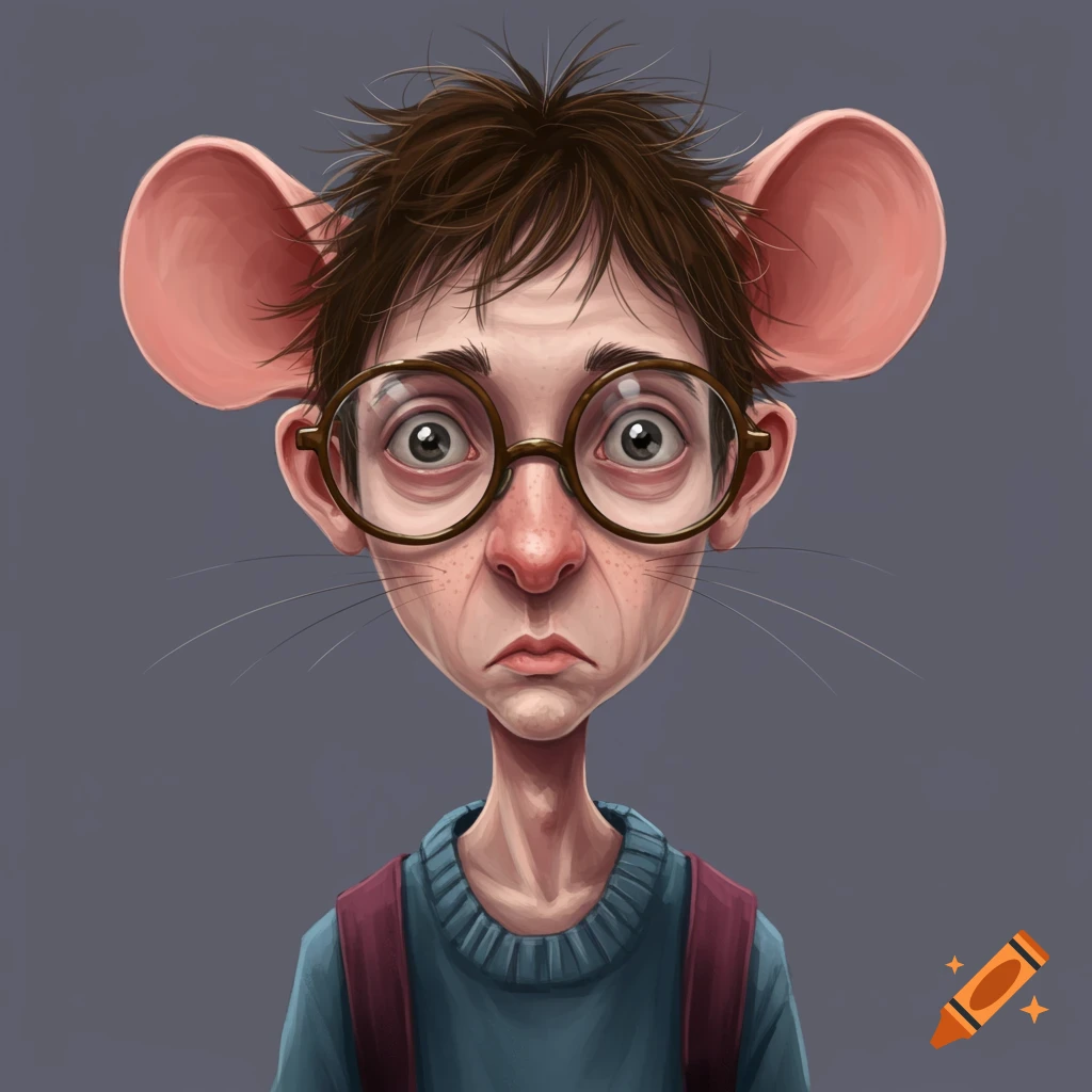 A scrawny character with big ears, messy hair, glasses, and freckles wearing a blue sweater.