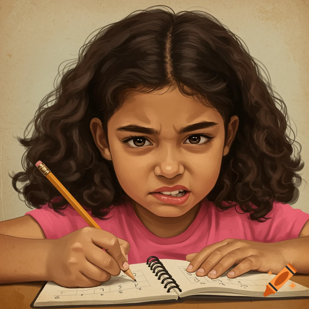 A young girl with dark curly hair looks frustrated as she writes in a notebook.