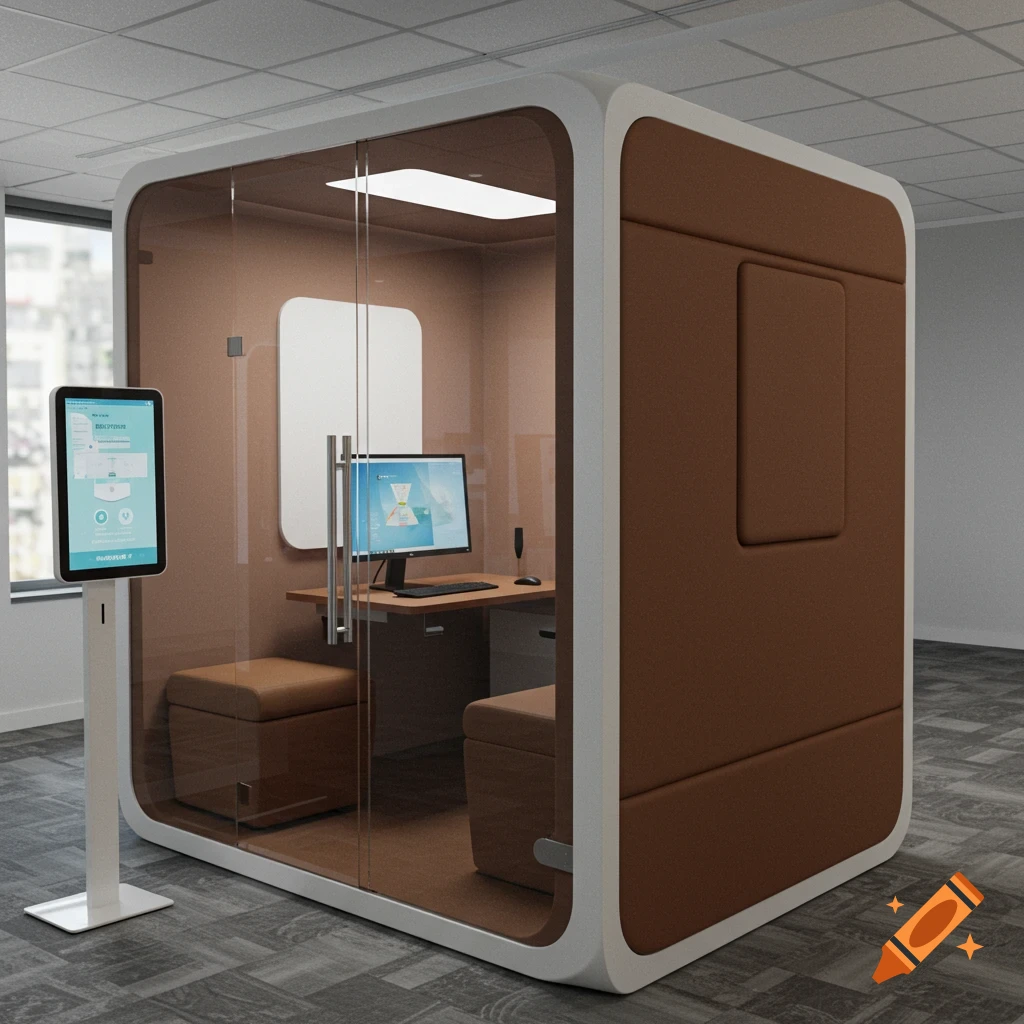 A modern office pod with glass walls, brown interior, a desk, chair, monitor inside, and a check-in touchscreen outside in an office.