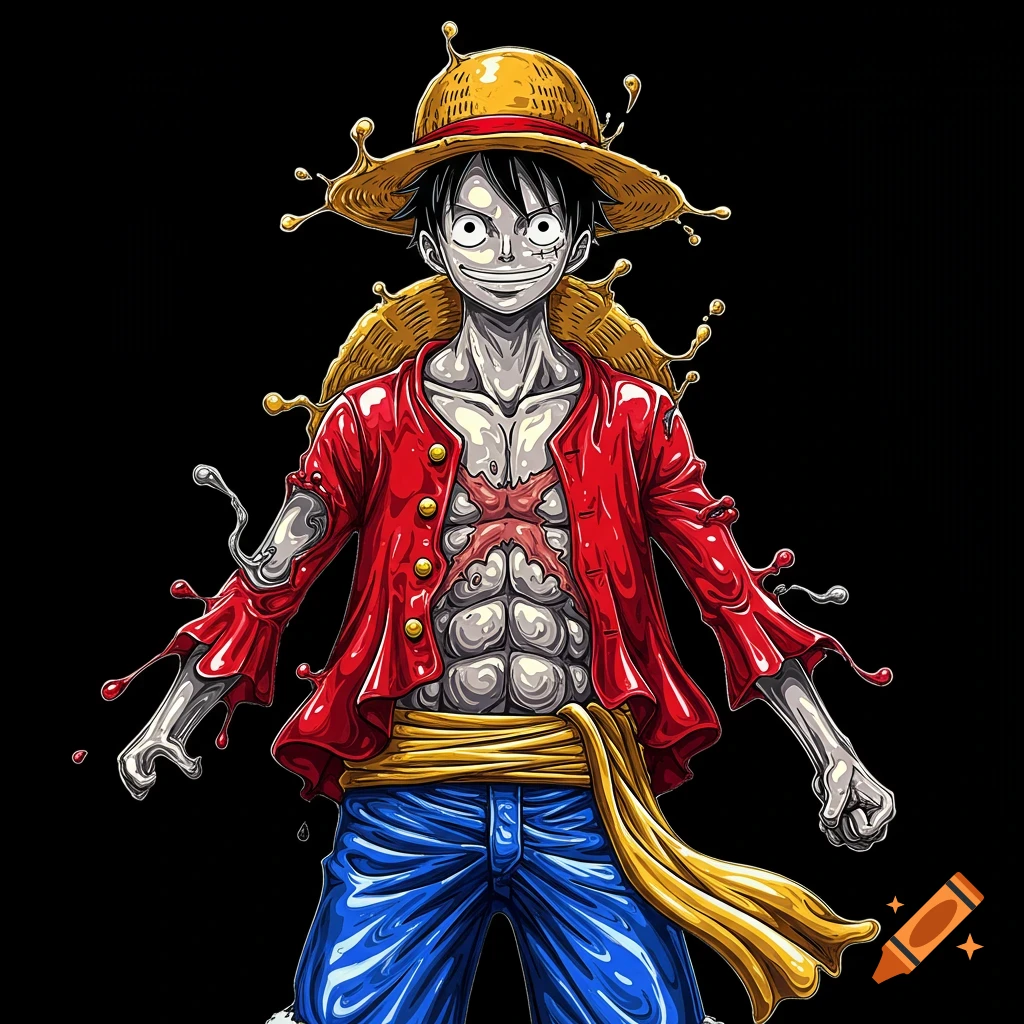 Anime illustration of the character Luffy in a dynamic pose with liquid splash effects.