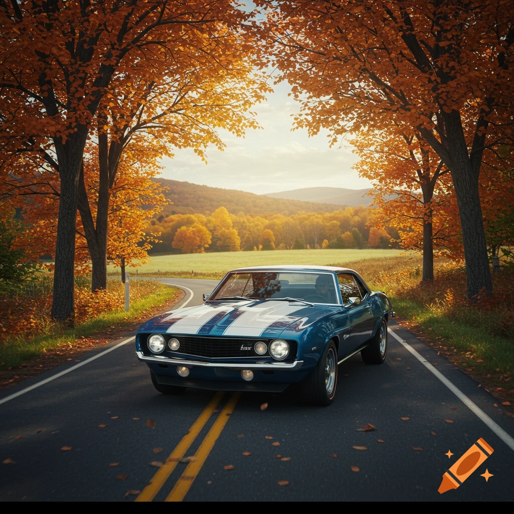 Blue 1969 Camaro driving on a road through autumn foliage in Vermont.