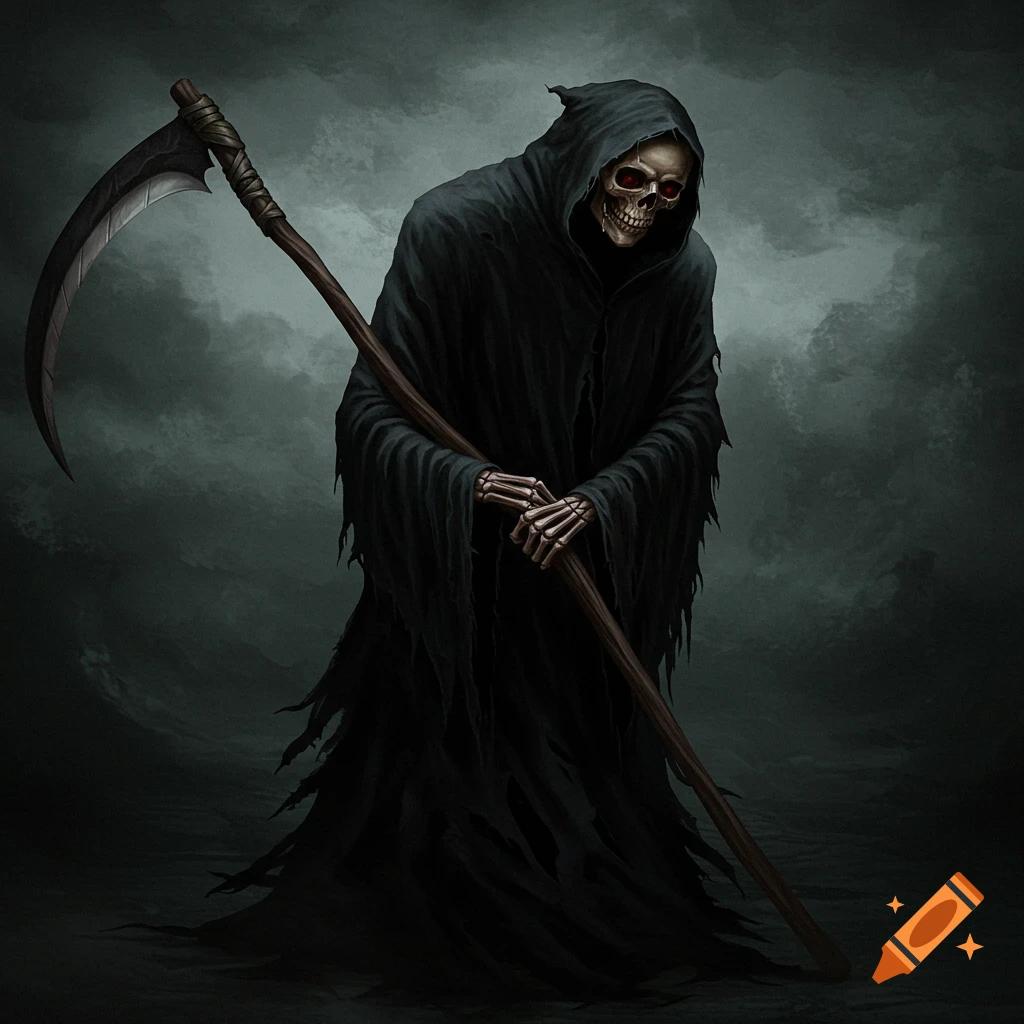 A skeletal Grim Reaper with red eyes, holding a scythe, against a dark, cloudy background.