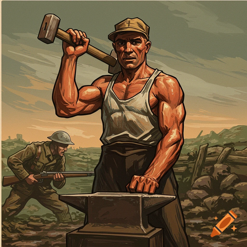 Muscular worker with hammer over anvil, soldier with rifle in background. Stylized poster art.
