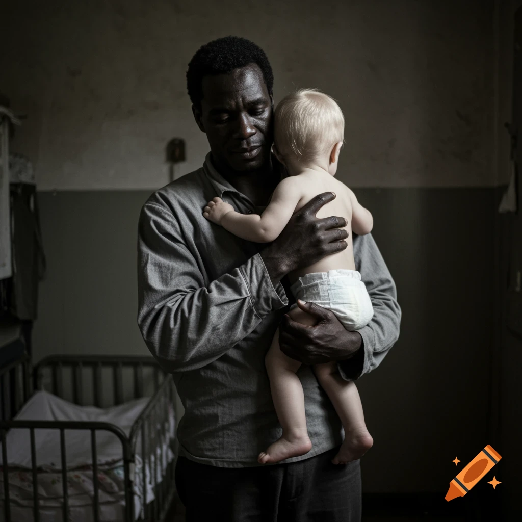 A Black man gently cradles a baby in a dimly lit room with a crib, in a poignant, photorealistic style.